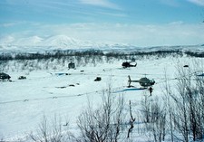SWEDISH AIR FORCE helicopters, in the snow,Abisco Sweden 1977 aircraft slide (K)