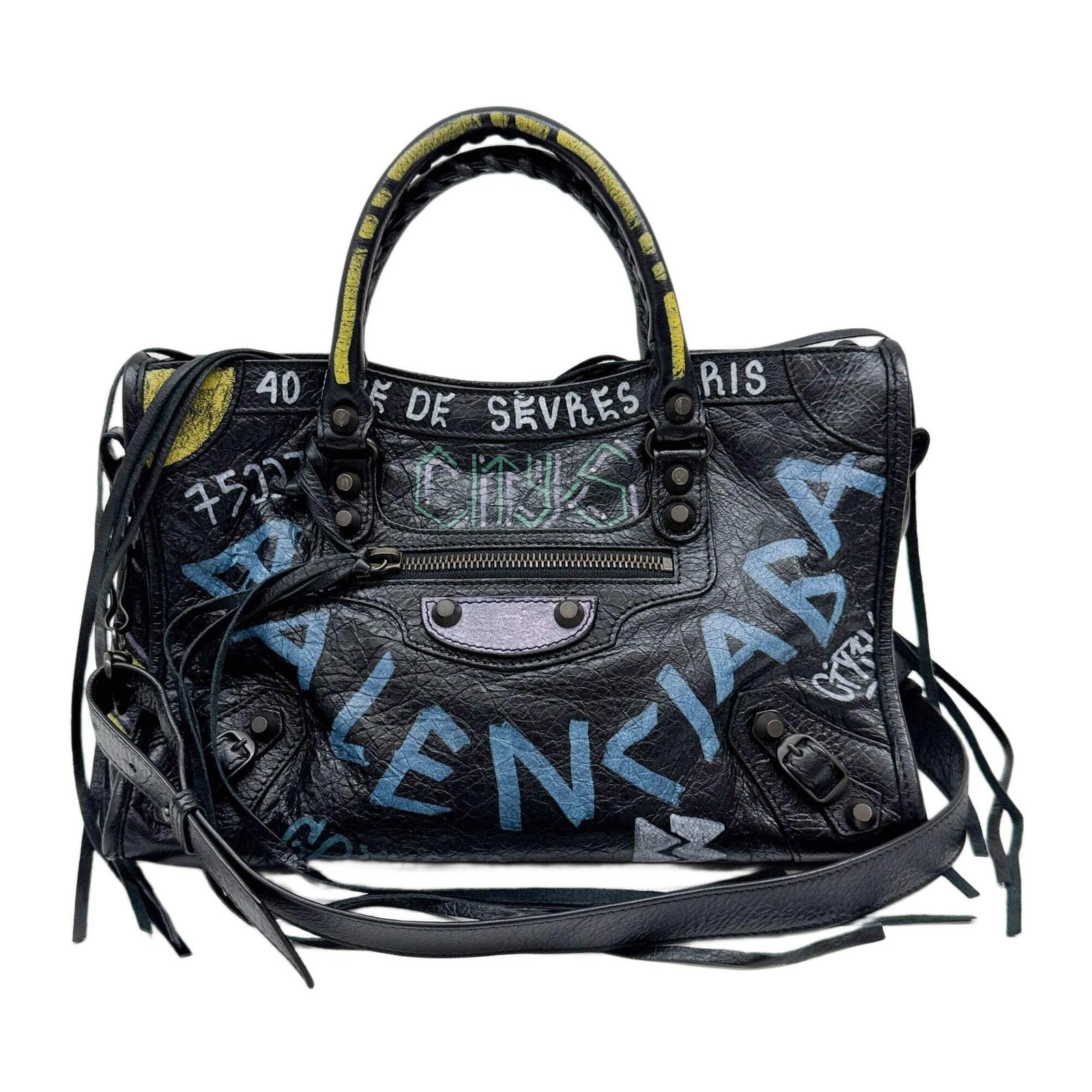 Balenciaga — BALENCIAGA Mini City Graffiti Black Leather Two Way Bag