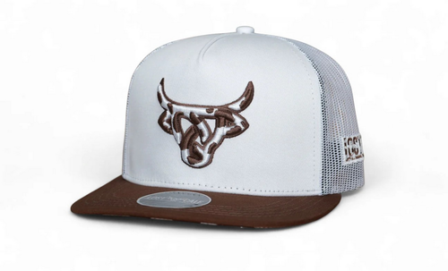 Lost Calf 3D Logo White Brown Cow Print - Hüte Cap - Rindsleder weiß flach - Bild 1 von 4