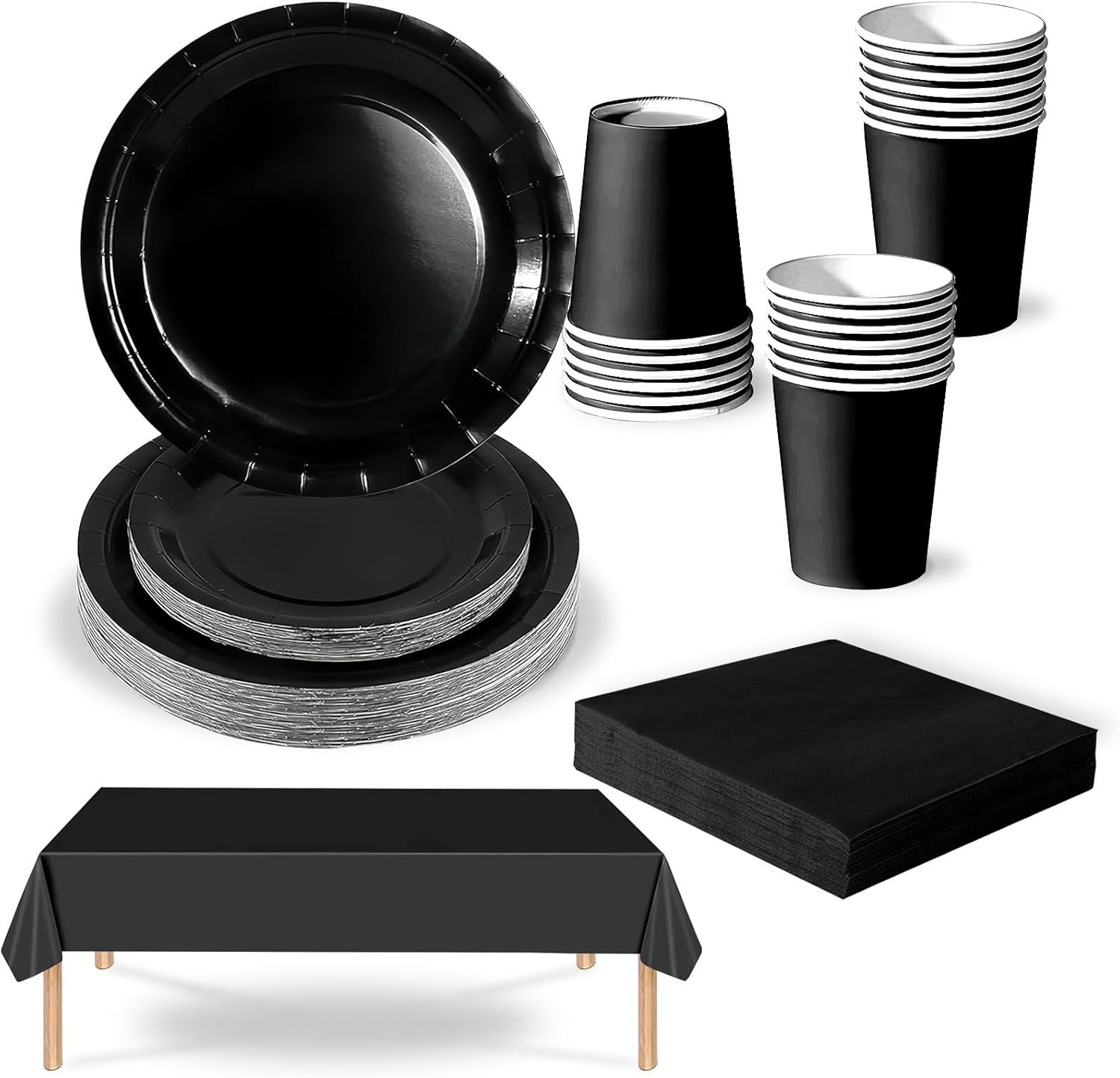 Vaisselle Jetable Noire Gain de Temps Assiettes Carton et Tasses pour Fêtes de Famille