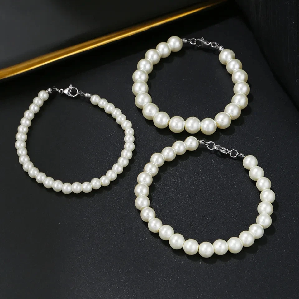 Acrylic Pearl Beaded Bracelet Men White Round Simple Link Chain Metal Jewelry - Image 4 of 4