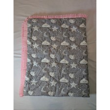 Celestial Handmade Quilted Baby Blanket Moon Star Cloud Grey White Pink 52"x44"