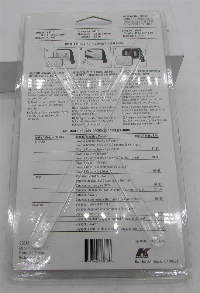 Espejo retrovisor de vidrio de repuesto K Source 99012 para conductores Chrysler Dodge Plymouth 91-95 Foto 2 de 2