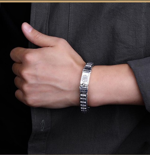 Pulsera De Plata 复古 Para Hombre Brazalete Sencillo Y Generoso Mantra Tejido- - Imagen 21 de 25