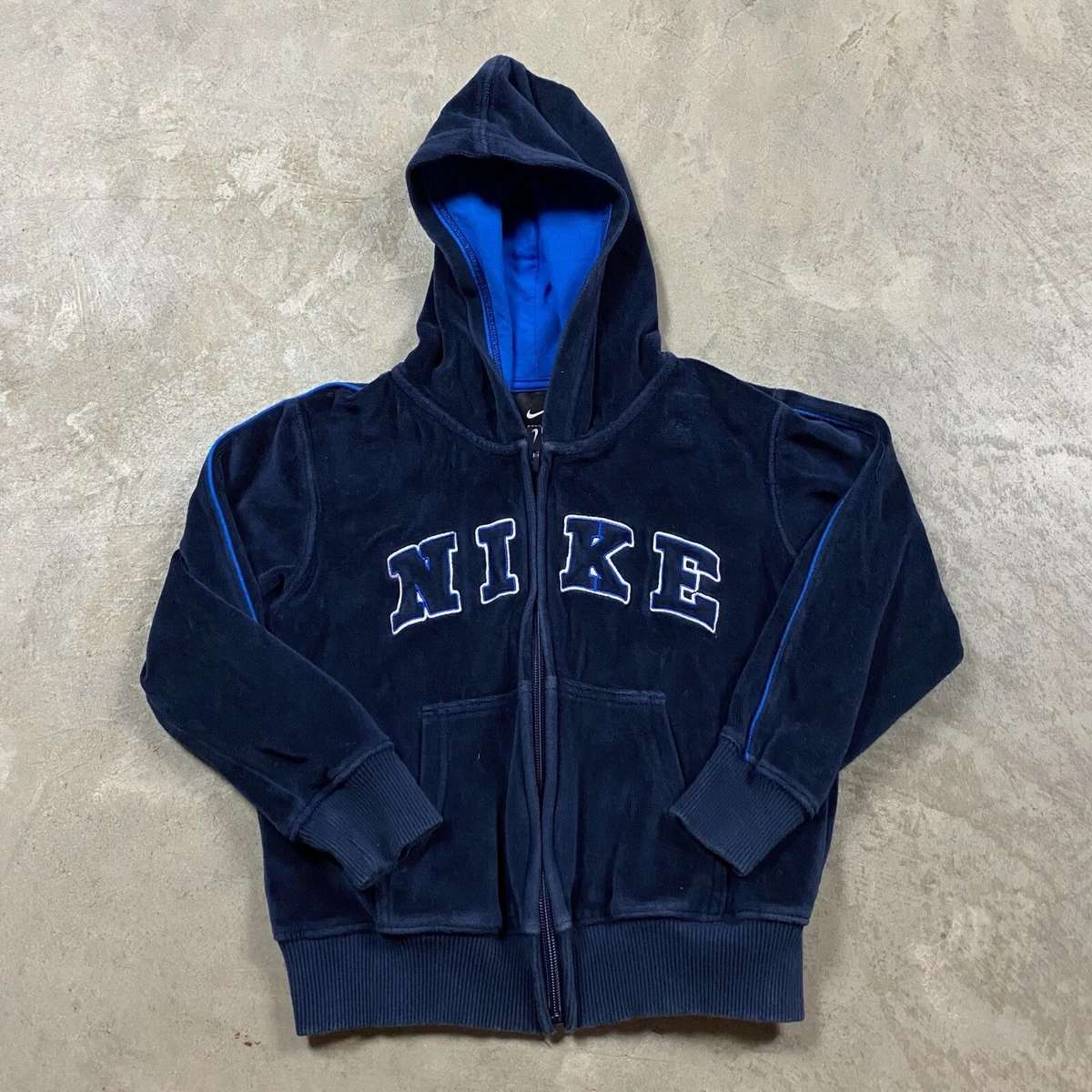 Y2K VTG NIKE VELOUR Full Zip Hoodie Sweatshirt Boys 5 Youth Spell Out Navy  00s