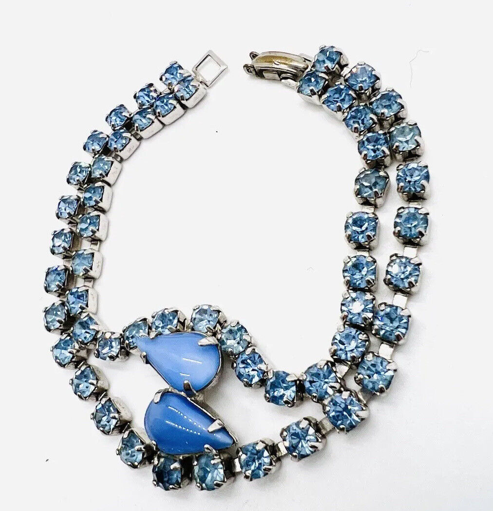 Baby Blue Moonstone Glass & Rhinestone Bracelet S… - image 5