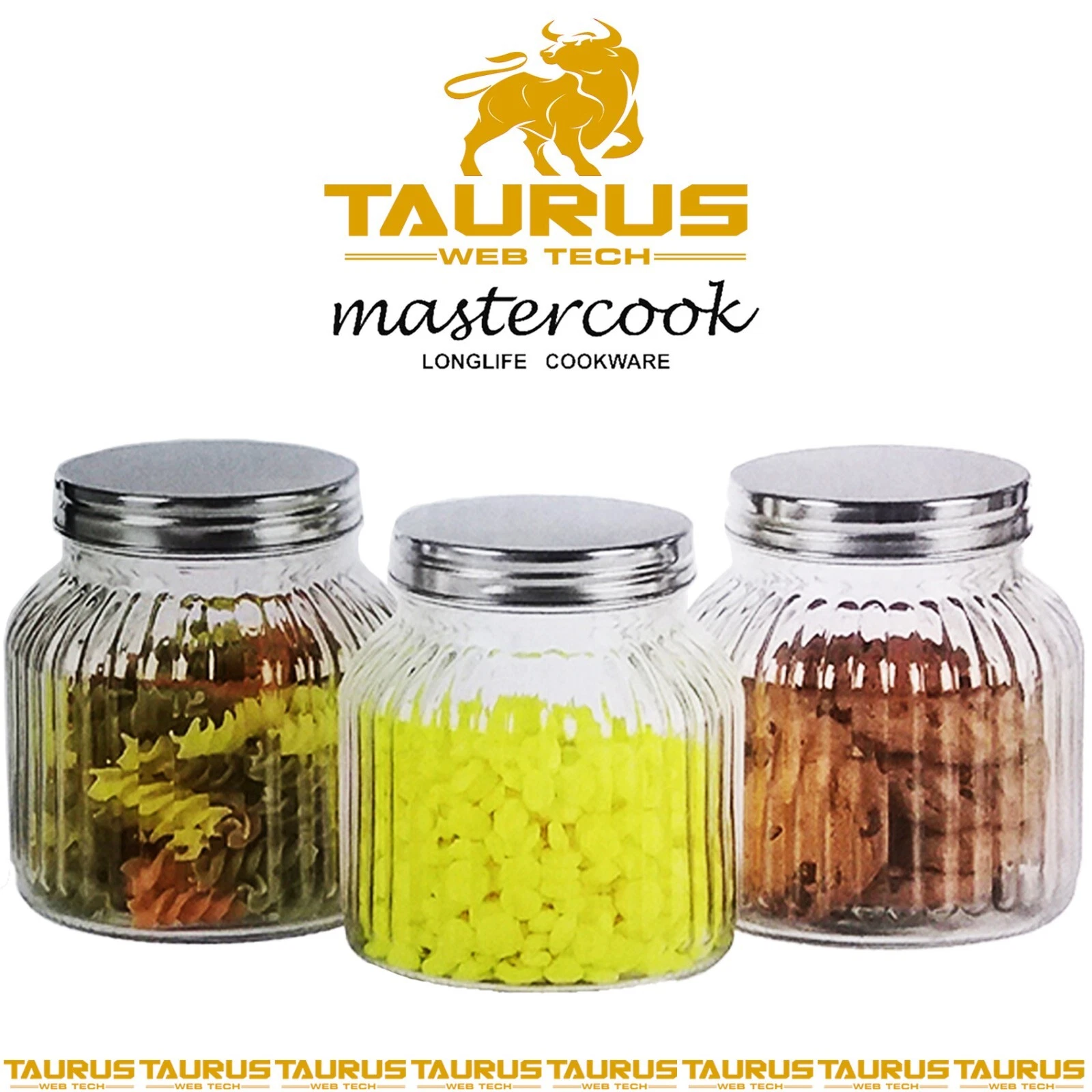 3 PC MASTER COOK GLASS CANISTER SET METAL LID STOGARE JAR TEA COFFEE CONTAINERS