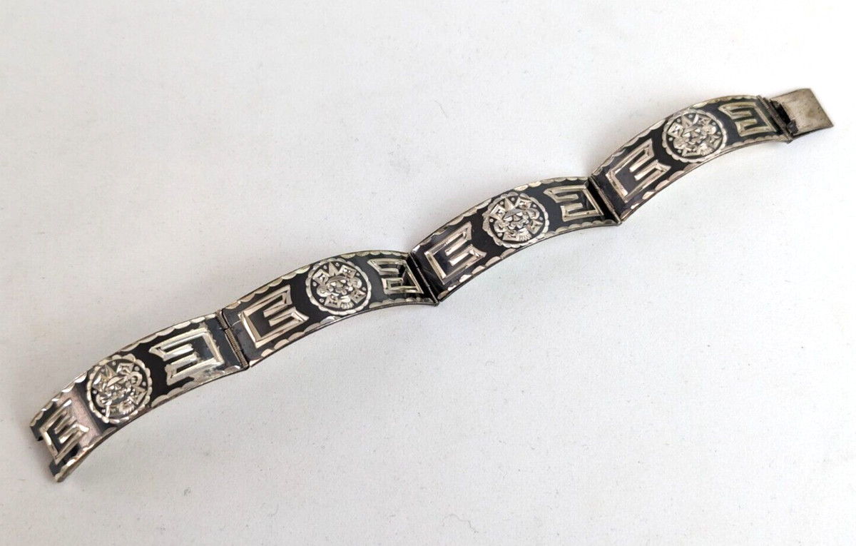 Mexican Sterling Silver Bracelet Etched 5/8" Wide Panel Link signed JC Eagle 4 View 3