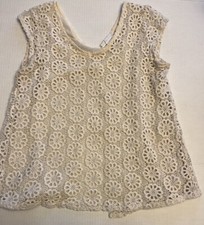 Ivory Crocheted Floral Lace Overlay Split Back, Cap Sleeve Top; Medium