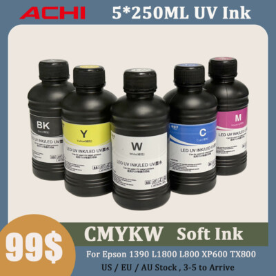 ACHI 250ML UV Soft INK For Epson 1390/L800/L1800/XP600/TX800 UV Printer CMYKW US