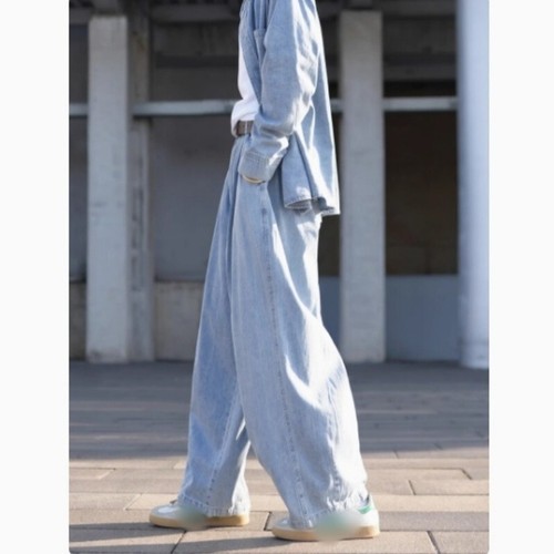 Korean women's light blue wide-leg pants loose jeans trousers - Picture 3 of 11