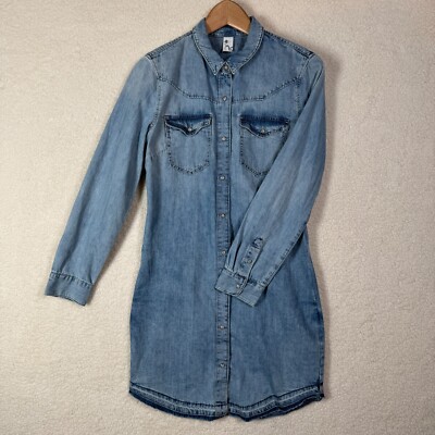 Lindex Denim Shirt Dress Western Pearl Snap Long Sleeve Blue Size US 2 EUR 34