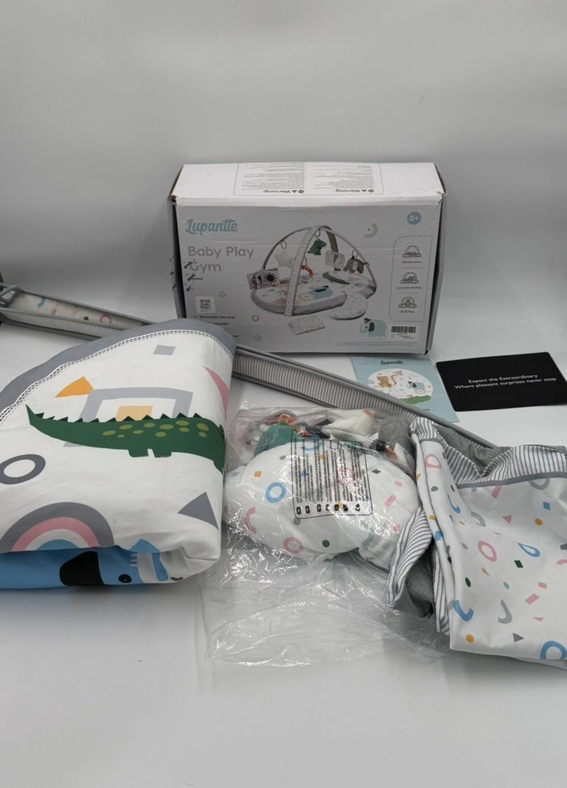 Baby Play Gym 2 Washable Mat Covers Non Slip Backing 6 Attachments White