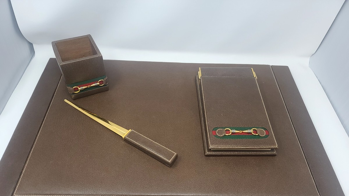 60'S GUCCI BROWN LEATHER BRASS BUCKET DESK STATIONARY SET PEN BOX