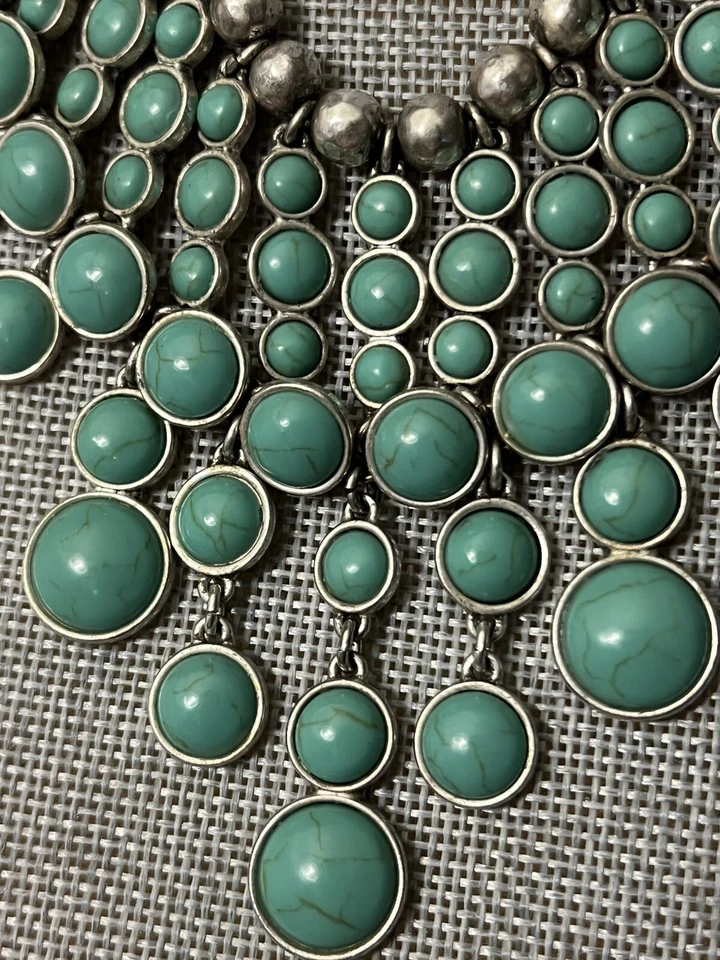 Lucky Brand Bib Necklace Silver Tone Faux Turquoise Boho Statement Jewelry - Image 2 of 3