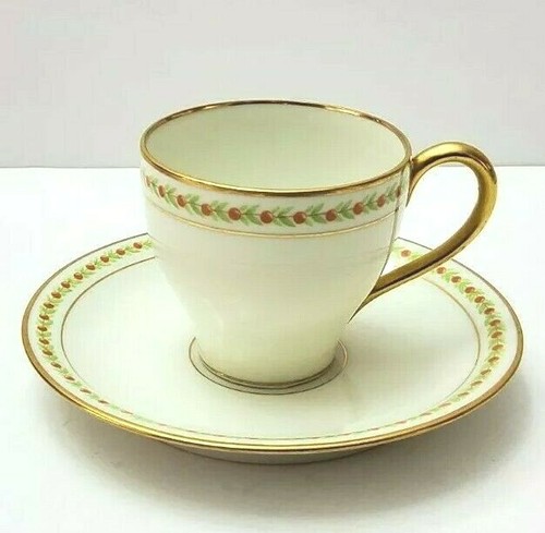 ANTIQUE LIMOGES J. POUYAT GREEN LEAVE & RED BAND DEMITASSE CUP & SAUCER 1890 - Picture 4 of 12