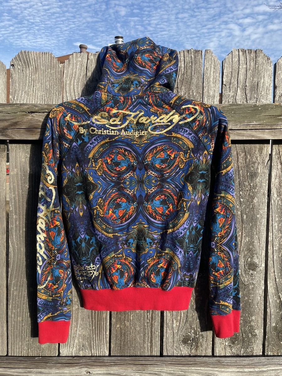 Vintage Ed Hardy Womens Zip Hoodie Size Medium All Over Vintage Ed Hardy Womens Zip Hoodie Size Medium All Over