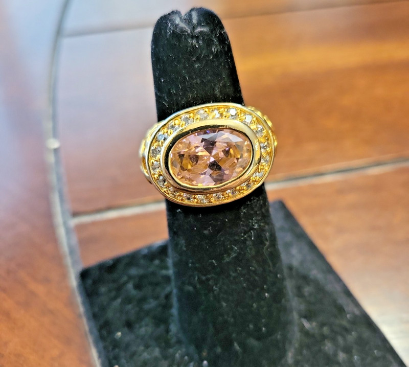 Pink Crystal Clear Accents 18K Gold Electroplate Ring Size 7 NOS