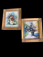 Set Of 2 Original Acrylic Floral Art Ornate Gold Tone Frames 6 1/4  X 7 1/4  