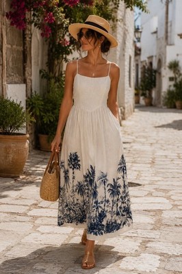 Calypso St Barth Ivory Linen Blend Boho Maxi Dress Animal Print Resort Coastal M