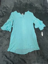 Wave Zone Beach Cover Up Women's Small Blue Crinkle Split Sleeve Eyelets Trim