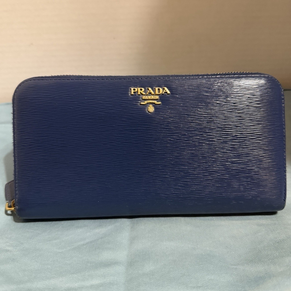 PRADA Milano Blue Solid Zip-Around Wallet w/ Logo, Credit Card
