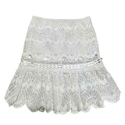 Jonathan Simkhai White Guipure Lace Ruffle Hem Mini Skirt Scalloped High Waist