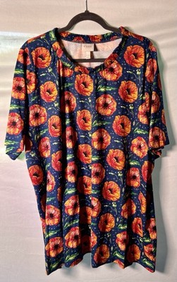 Ulla Popken Pure Scoop Neck Floral Cotton Top Plus Size 24/26 Teal And Poppy