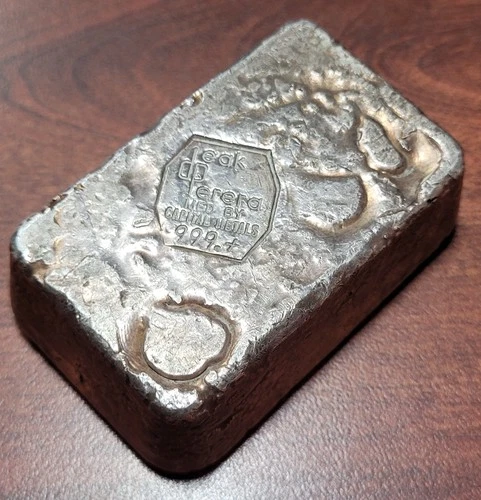 Vintage Deak & Perera Hand Poured .999 Fine Silver Bar 19.41 Oz Troy Orig Toning