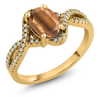 1.83 Ct Oval Brown Tiger Eye 18K Yellow Gold Plated Silver Ring