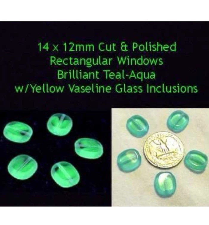 5 Pcs 14 x 12mm Polished Windows Czech Teal-Aqua & VASELINE/URANIUM GLASS BEADS