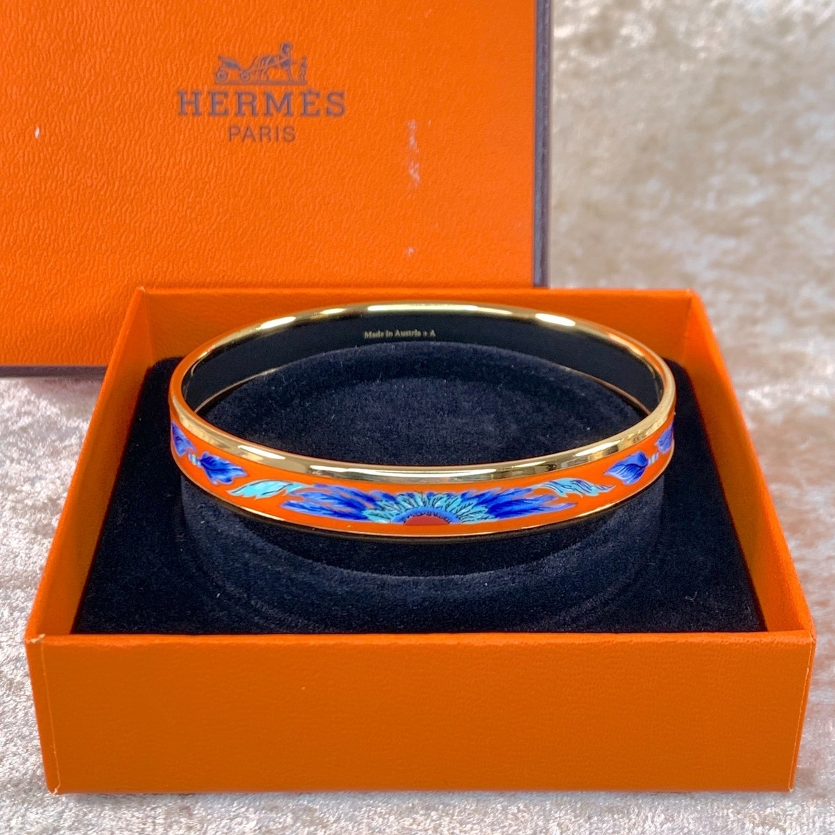 Vintage Hermes Bangle Bracelet Orange Enamel Brazil Feather Gold