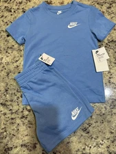 Nike Boys 2 Pc Short Set NWT Size 5 Blue Embroidered Logo