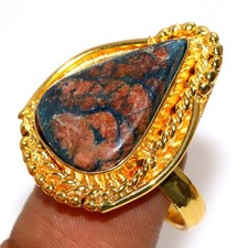 Golden Plated Azurite Chrysocolla Ring US 9 New Year Gift New Year Vibes GW