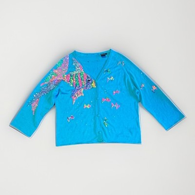 Michael Simon Fish Sequin Cardigan Silk Blend Coastal Kitsch Art Sweater L