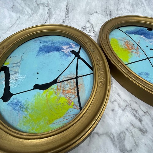 Original Framed Mixed Media Abstract Art Painting PAIR 9x11 “Blue MUWA” With COA