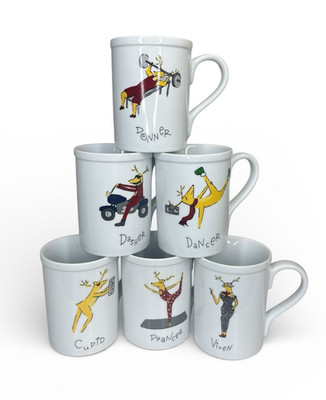 6 Pottery Barn Reindeer Mugs Dasher Dancer Prancer Vixen Cupid Donner Hip Yoga