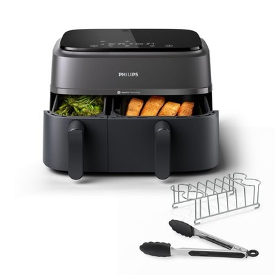 Philips Air Fryer 3000 Series Doppelkorb mit Frühstücksset, Schwarz & Silber