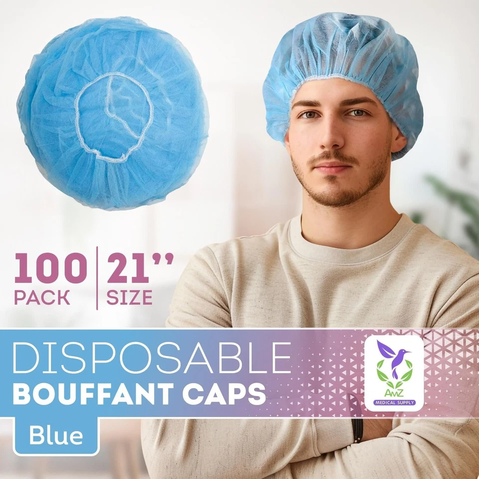 100ct Hair Net Bouffant Cap Blue Non Woven Head Cover Industrial 21" - Image 2 of 4