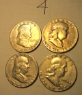 1949 S, 1951 S, 53S 1954S * (4) FRANKLIN Silver HALF DOLLARS shown FREE Ship * 4