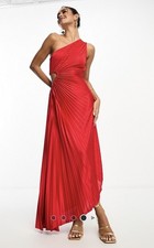 ASOS DESIGN Red Hi Lo one shoulder cut out satin pleated midi dress Size US8 NWT