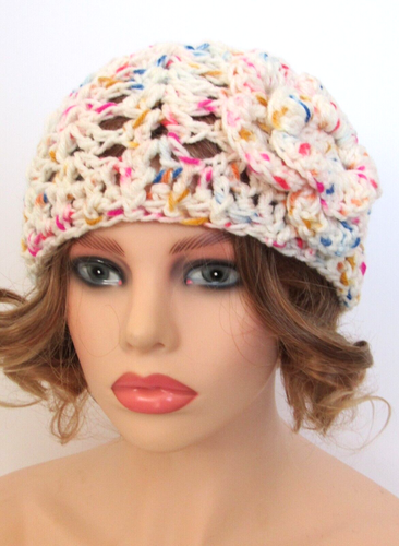 CLASSIC BEANIE HAT CAP OPEN WEAVE MULTI-COLOR WITH FLOWER HAND MADE CROCHET