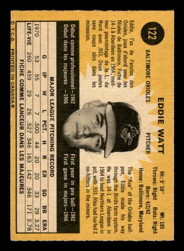 1971 OPC O-Pee-Chee Baseball #122 Eddie Watt VG/EX *e1 - Picture 2 of 2