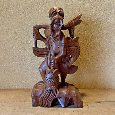 Vintage Thailand Fisherman Wood Carving Handcrafted Statue Good Fortune Folk Art