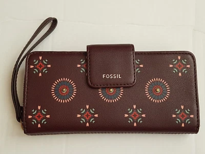 Fossil Zip Around Clutch Geldbörse Portemonnaie hauptsächlich weinrot Kalbsleder mit Blumendetail - Bild 1 von 4