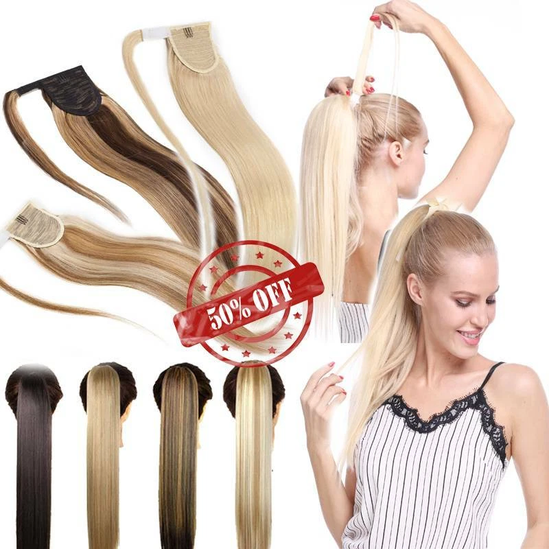 Extensión de cabello largo cola de caballo clip grueso en envoltura de cabello humano 100 % real cola de caballo R Foto 3 de 4