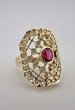 Antique Art Deco 14k Yellow Gold Natural Oval Ruby Diamond Lace Design Ring