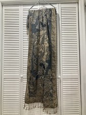 Long Metallic Floral/Leaf Fringed Scarf Wrap-Beige Gold Grey Black-72"x27" NWT