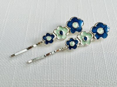 Paar Vintage 80er versilberte emaillierte Haargriffe Bobby Pins Blumen blau neuwertig