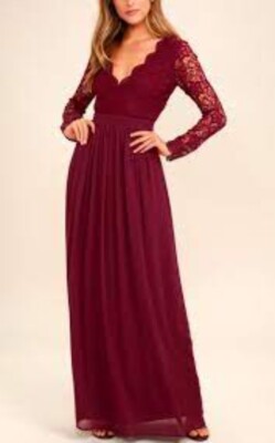awaken my love burgundy long sleeve lace maxi dress Lulu's Awaken My Love Burgundy Long Sleeve Lace Maxi Dress Sz L NWT
